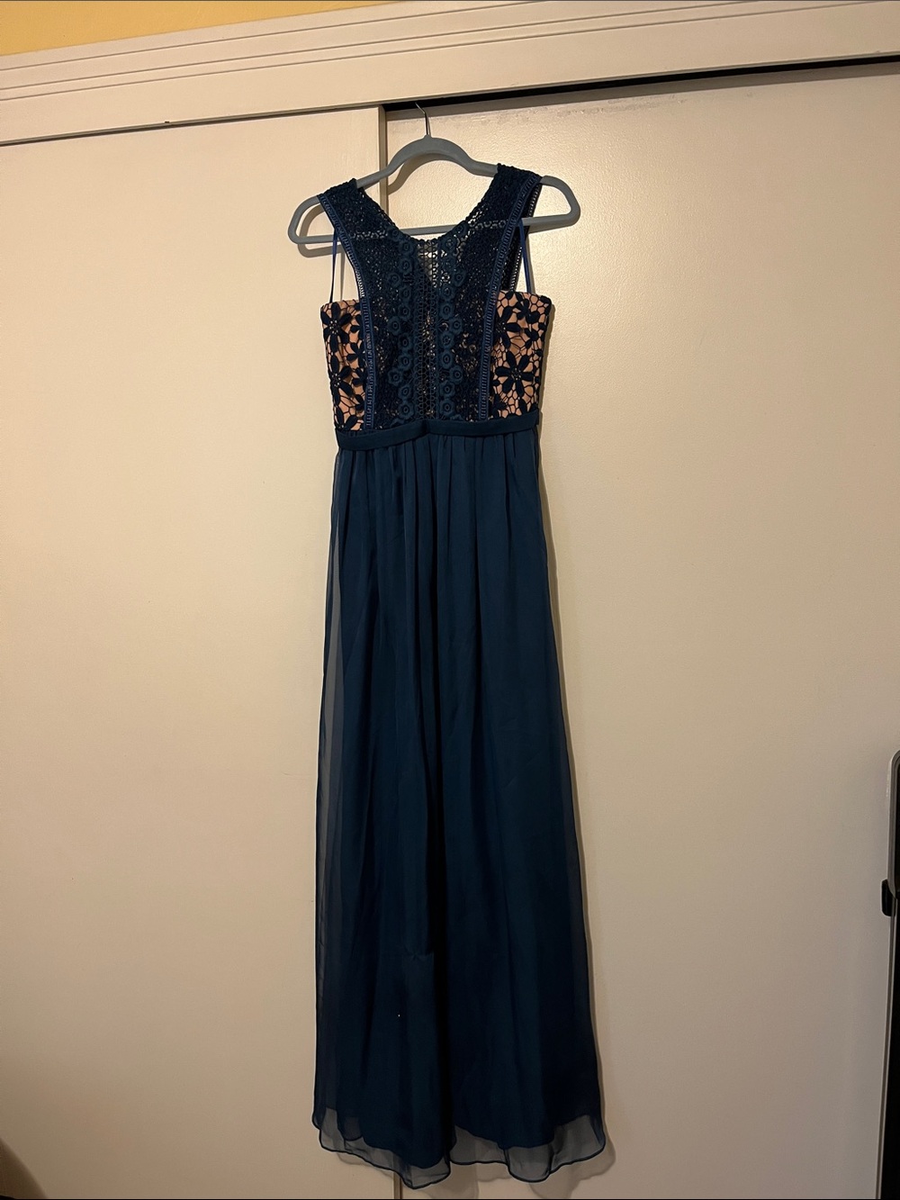 Navy Blue Lace Bodice Maxi Dress with Embroidered Accents